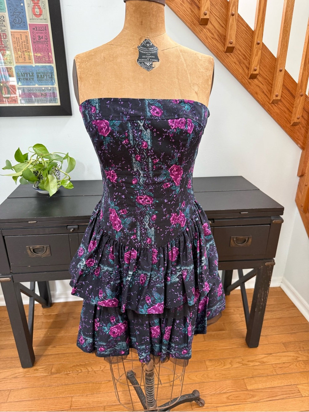 Betsey Johnson Black Party Dress with Purple and Teal Floral Print